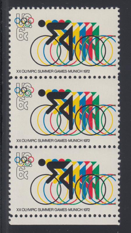 US Sc 1460 MNH. 1972 6c Olympic Games, Strip w/ Broken Red Olypmic Ring Flaw