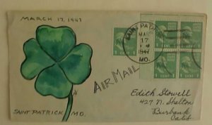 US 4 LEAF CLOVER HANDPAINTED PICTURE AD ST. PATRICK MISSOURI 1947 MARCH 17