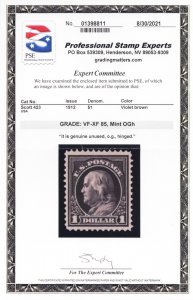 423, Mint VF/XF LH $1 With Graded 85 Certificate - Stuart Katz