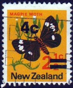New Zealand 1971 Sc#480, SG#957 4c on 2-1/2c Yellow Magpie Moth Surcharge USED.