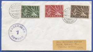 NYASALAND  (Malawi) 1940 sC 54-56 on Censored cover, BLANTYRE to USA