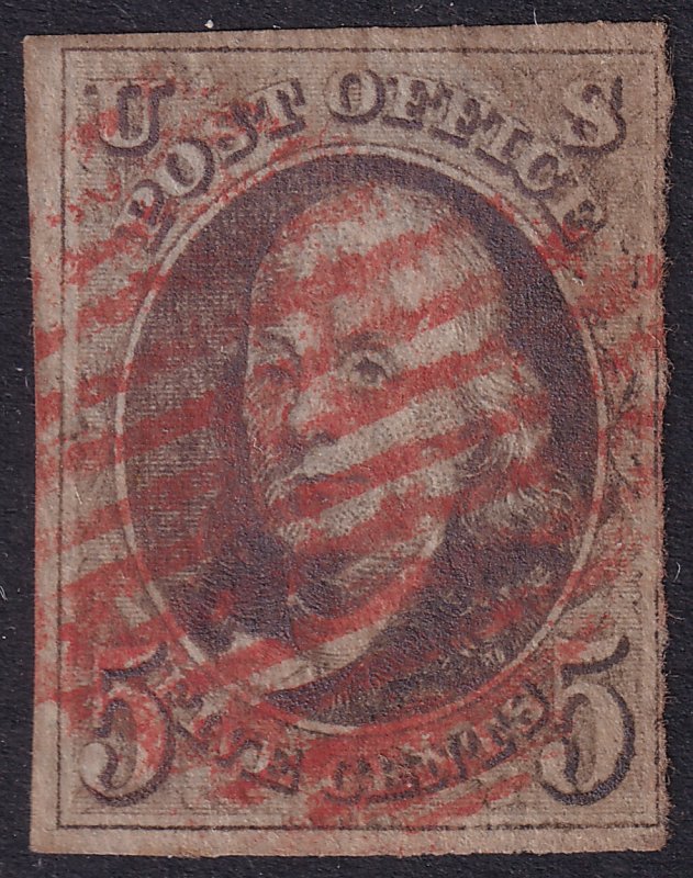 #1 Used, F-VF, 4 margins, 3 large, red grid cancel (CV $425 - ID45691) - Jose...