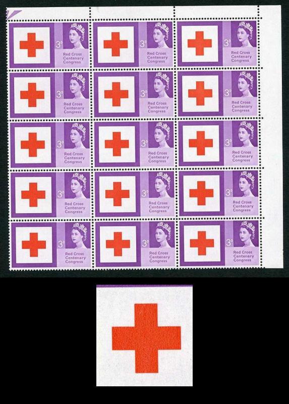 Spec W37b 1963 3d Red Cross with Repaired Cross Block of 15 U/M