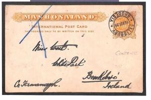 MS4066 1899 RHODESIA BSACo Mashonaland Card *M'TOKOS* Message Brookeboro Ireland