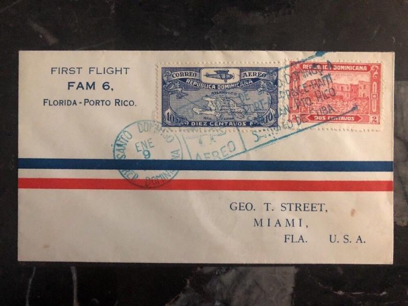 1929 St Domingo Dominican Rep First Flight Cover FFC To Miami Fl USA Map FAM 6