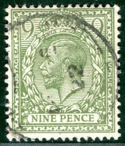 GB KGV Stamp SG.393a 9d Olive Green ROYAL CYPHER Used 1922 CDS Cat £30+ BLRED34