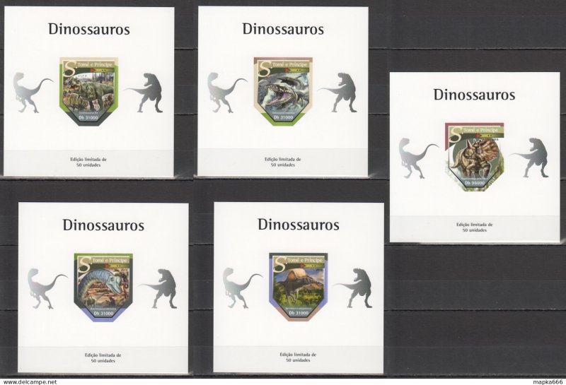 Lx445 Imperf 2015 S. Tome & Principe Animals Dinosaurs Uv Cardboard 5Bl Mnh