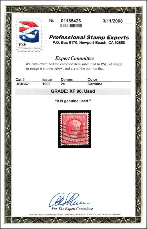 Scott 367 2 Cents Lincoln Used PSE Cert Grade 90 SCV $55.00