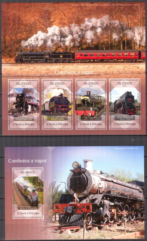 Sao Tome and Principe 2014 Steam Trains Locomotives (2) sheet + S/S MNH