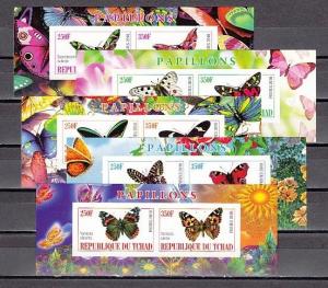 Chad, 2010 Cinderella issue. Butterflies on 5 IMPERF s/sheets of 2. ^