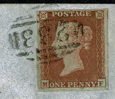 GB 1d red MF on envelope to Leeds. Darlington horizontal oval cancellation.