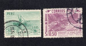 Peru 1952-57 5c Boat & 50c Farming, Scott 458, 471 used, value = 50c
