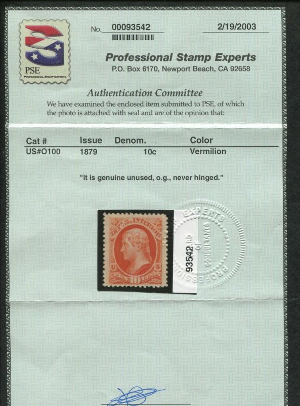 1879 US Department of Interior Stamp #O100 Mint Never Hinged Jumbo Margin