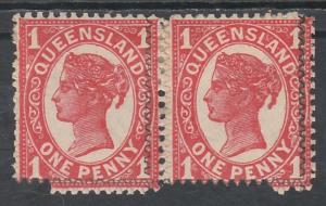 QUEENSLAND 1897 QV 1D PAIR COMPOUND PERF AND PLAIN AND BLACK ROULETTE 