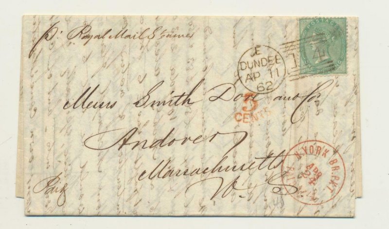 GB SCOTLAND 1862 LETTER MARKET REPORT FOREIGN TRANSMISSIONS 1sH RATE+ 5c MK