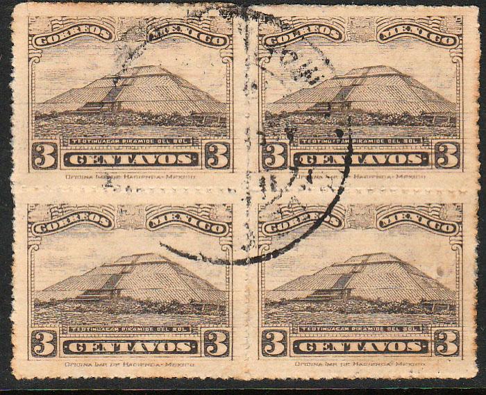 MEXICO 651, 3cents, PYRAMID OF THE SUN, BLOCK OF 4, USED. F-VF.  (4)