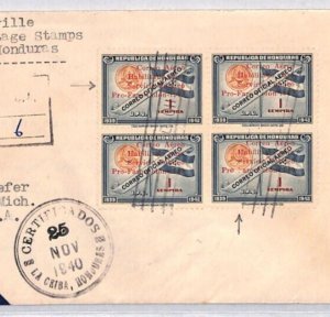 HONDURAS Air Mail Cover UPU Stamp *OVERPRINT ERROR* Block{4} 1940 La Ceiba YU174