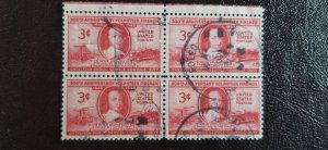 US Scott # 971; used 3c Volunteer Firemen from 1948; blk of 4; VF/XF centering