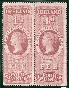 GB IRELAND QV REVENUE Stamp PAIR 4d (1872) REGISTRATION OF DEEDS Mint S2WHITE87