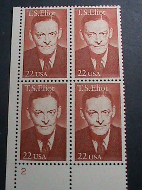 ​UNITED STATES-1986 SC#2239 T.S. ELIOT-POET MNH PLATE BLOCK OF 4 VERY FINE