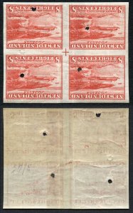 Newfoundland SG227 8c Imperf Block with punch holes Block of Four Gum Crease