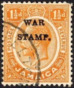 Jamaica SG71 1 1/2d Orange Heavy Overprint with Blind A and P (corner perf faul