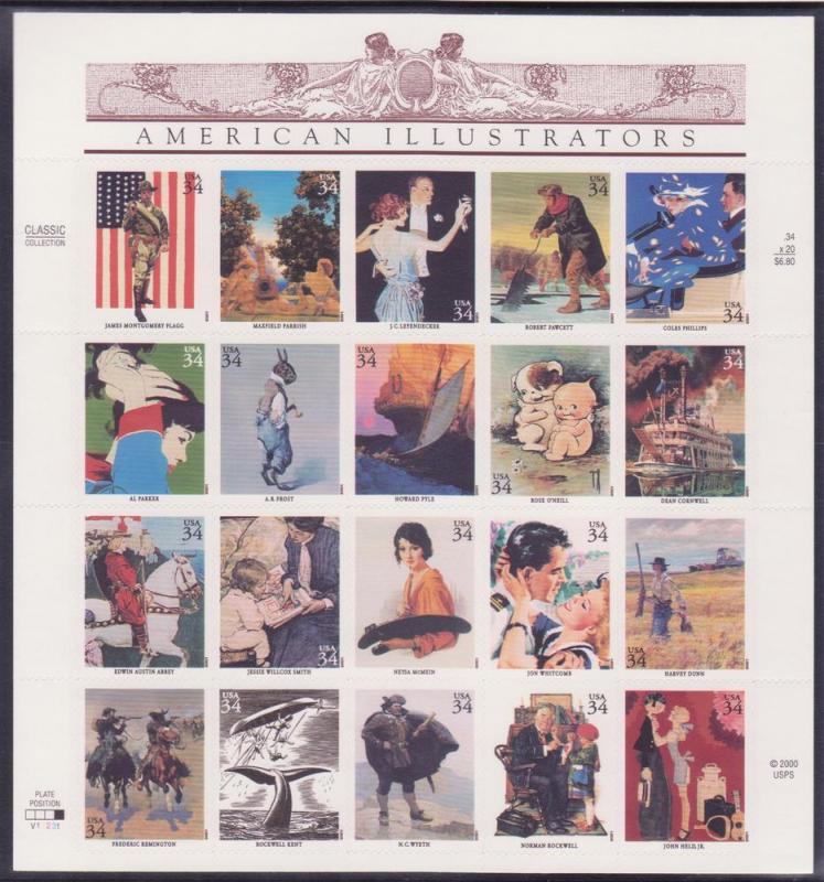 3502 American Illustrators 2001 34c MNH Sheet V11231