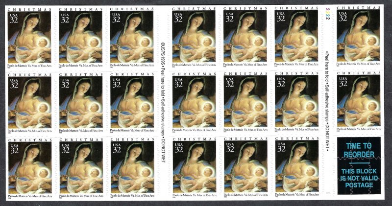 United States #3112a 32¢ Madonna and Child (1996). Pane of 20. MNH