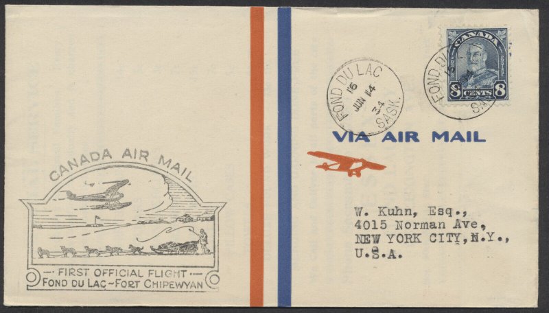 1934 Flight Cover Fond du Lac SASK - Ft Chipewyan ALTA #171 8c Arch AAMC 3411a