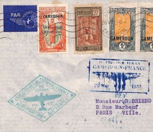 France CAMEROON Air Mail 1937 Cover FIRST FLIGHT AEROMARTIME Douala Paris YZ92