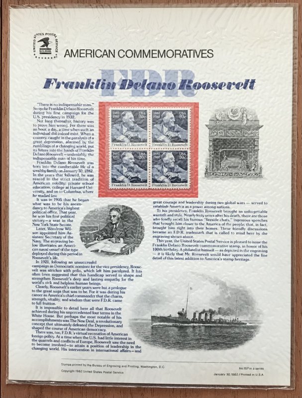 US CP157 Commemorative Panel Block of 4 #1950 F Delano Roosevelt SCV $9.50 L34