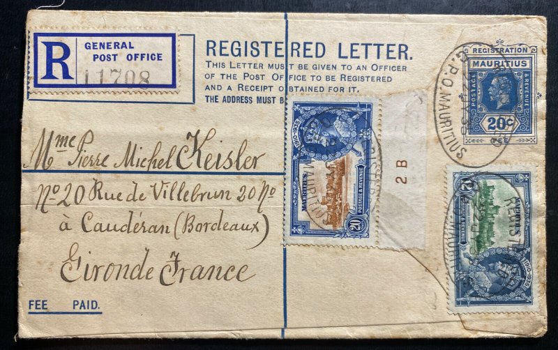 1935 Mauritius Stationery Registered Letter Cover To Gironde France 