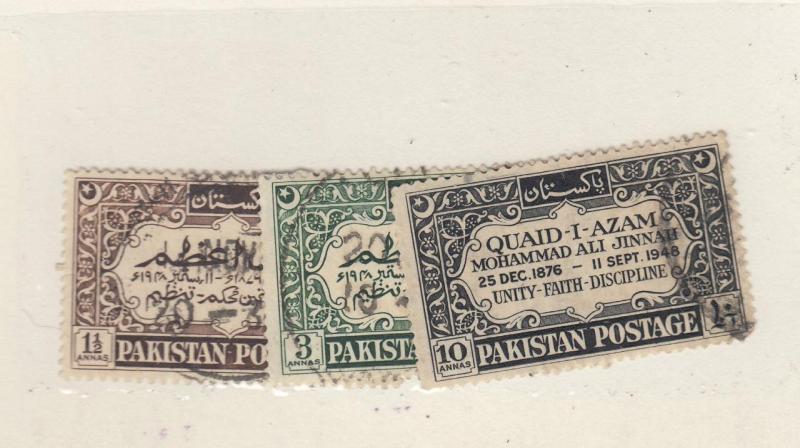 PAKISTAN  # 44-46  VF-USED 1 1/2,3,10a GREAT LEADER BRN/GRN/BLK CAT VALUE $12