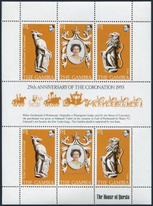 Gambia 380 sheet, MNH. Michel 371-373 klb. QE II coronation,25,1978. Gray hound,