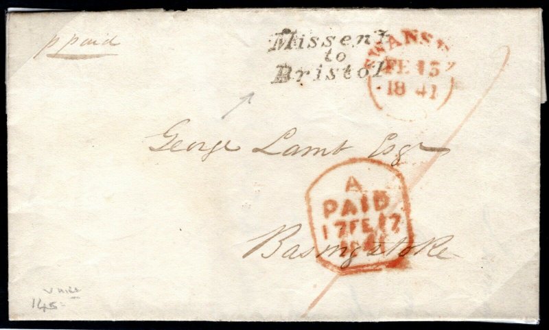 GB Wales Cover  *MISSENT TO BRISTOL* Swansea Entire Letter EL 1841 MC180a