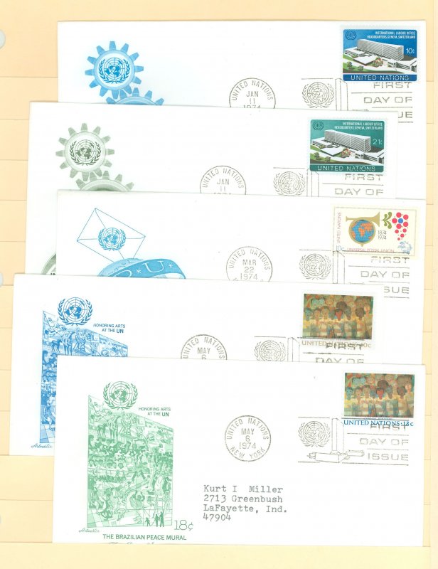 United Nations 244-45/246/247-48 1974 Labor office, UPU, arts FDCs, artmaster cachets; 5 different FDCs, typed addresses