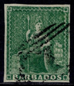 BARBADOS QV SG8, ½d green, FINE USED. Cat £150.
