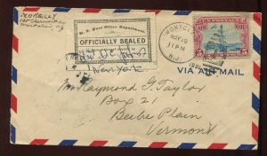 LOX11 Post Office Seal Tied to 1930 Airmail Cover NJ to Vermont LV2760