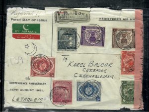 PAKISTAN COVER (PP0407B) 1951 4TH ANN FDC WITH 20 STAMPS REG TO CZECHOSLOVAKIA 