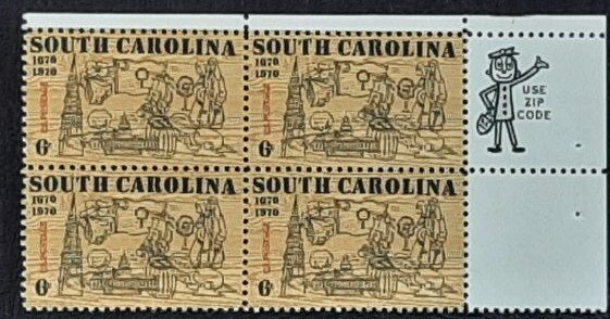 US Scott # 1407; 6c South Carolina from 1970; MNH, og, VF zip block of 4