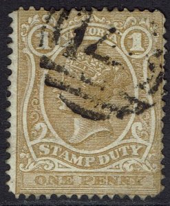 VICTORIA 1884 QV STAMP DUTY 1D POSTAL USED WMK V/CROWN SG TYPE W33 PERF 12