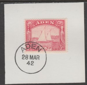 ADEN 1937 DHOW 3a carmine on piece with MADAME JOSEPH  POSTMARK