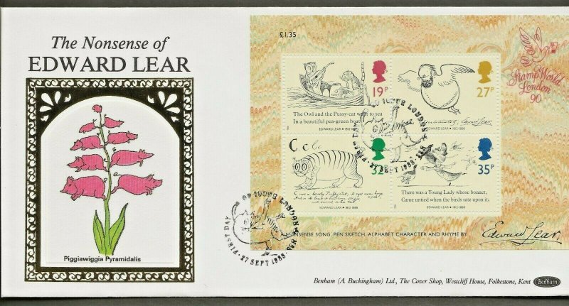 27/9/1988 EDWARD LEAR MINIATURE SHEET RARE BENHAM STAR COVER FDC