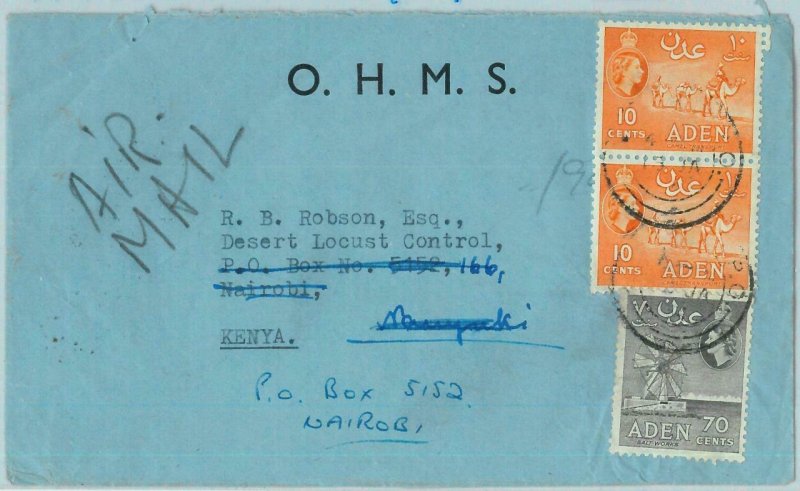 90556 -  ADEN - POSTAL HISTORY -  Official COVER  to  KENYA, RDIRECTED! 1954