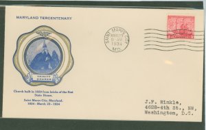 US 736 1934 3c maryland tercentenary on an addressed, typed fdc with a rice cachet