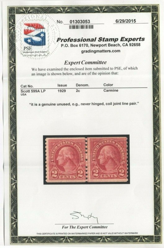 #599a Mint Just Fine OG NH w/PSE Cert. SCV. $1150 (JH 10/7) GP