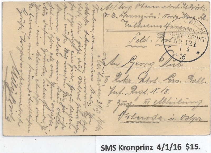 WW1: German Marine Schiffspost: SMS Kronprinz 4/1/1916 (M6455)