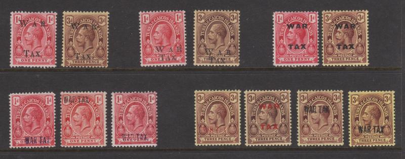 Turks & Caicos KGV 1916-1919 War Tax OP x 13 Different MLH, MH