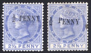Tobago 1888 1/2d on 2 1/2d Ultra WIDE SPACE Scott 25&25c SG26&26a MH Cat $54