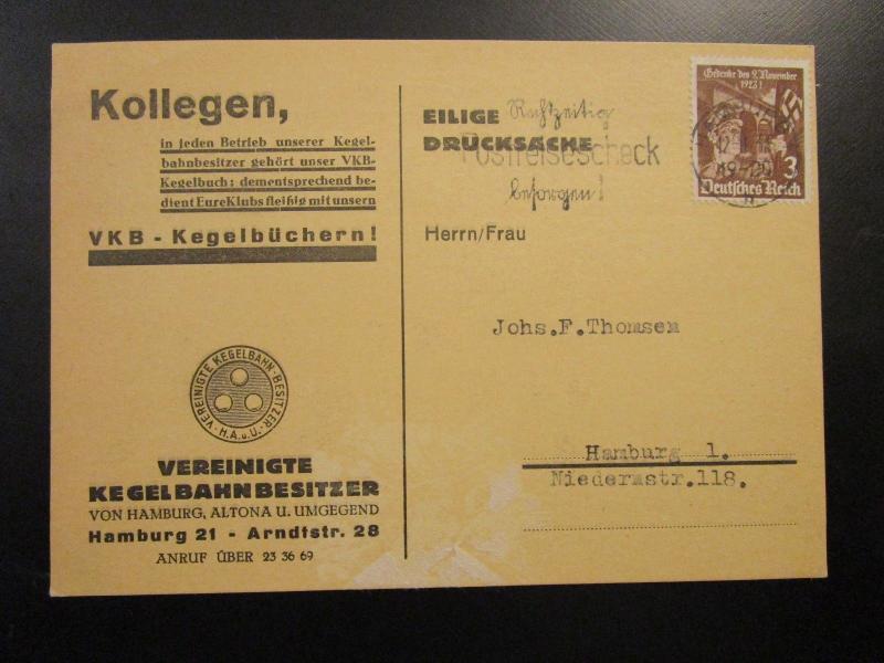 Germany SC# 467 on 1935 Commercial Postcard to Hamburg - Z6728